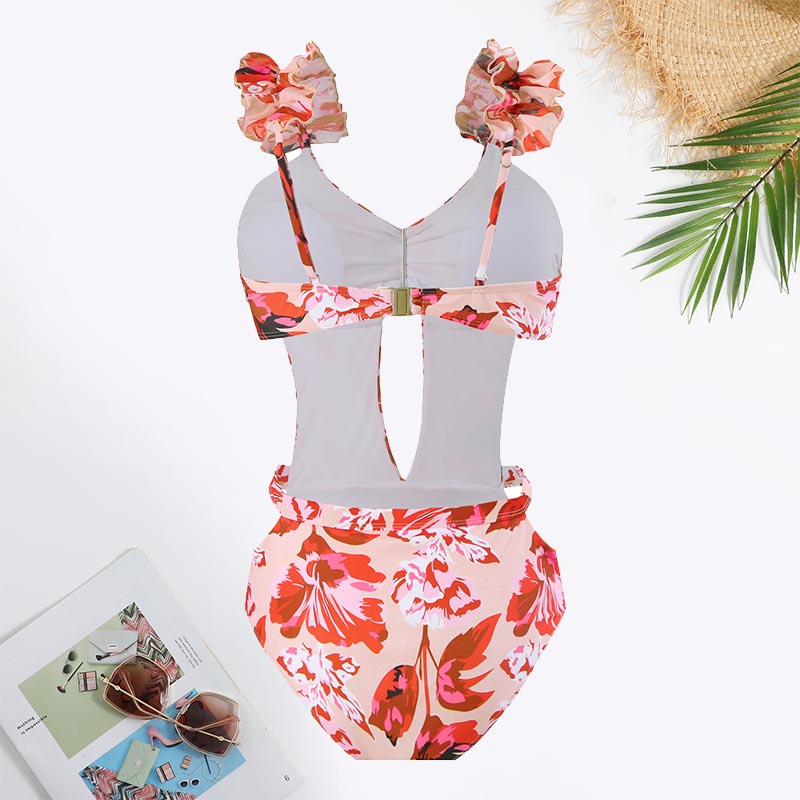 Floral Print Cut Out Ruffle Hem Swimsuit