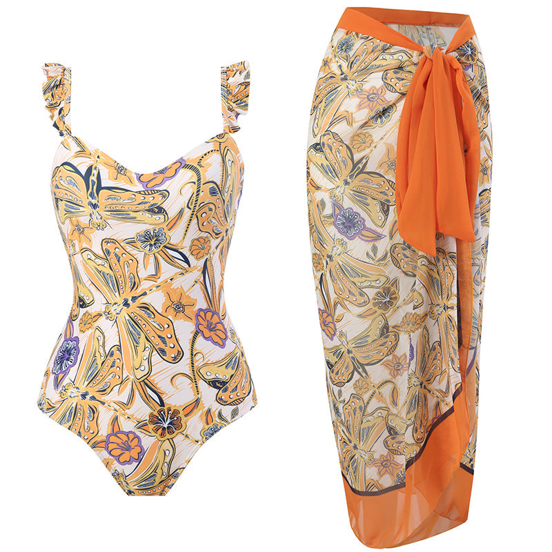 Printed Simple Fashion One Piece Swimsuit and Sarong