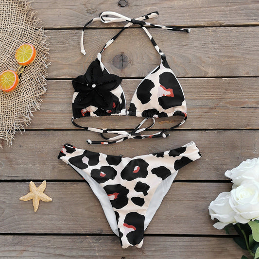 3D Flower Leopard Printed Bikini Swimsuit