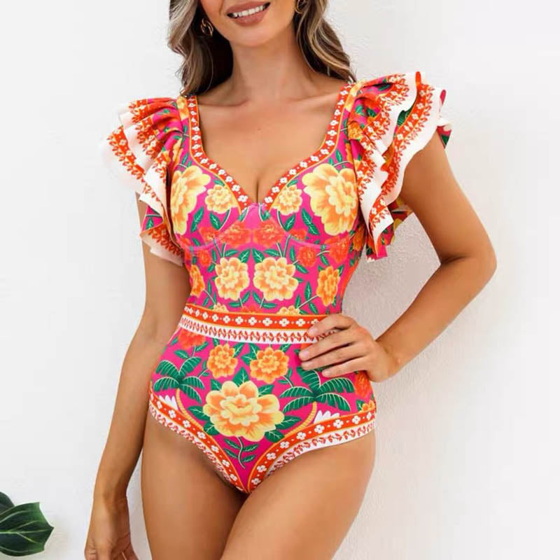 Floral Print Ruffle Trim Swimsuit