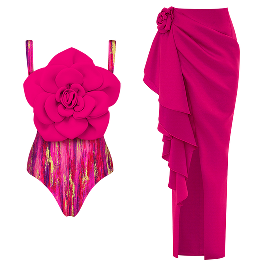 3D Flower Sling Color Block One Piece Swimsuit and Skirt (Shipped on Nov 6th)
