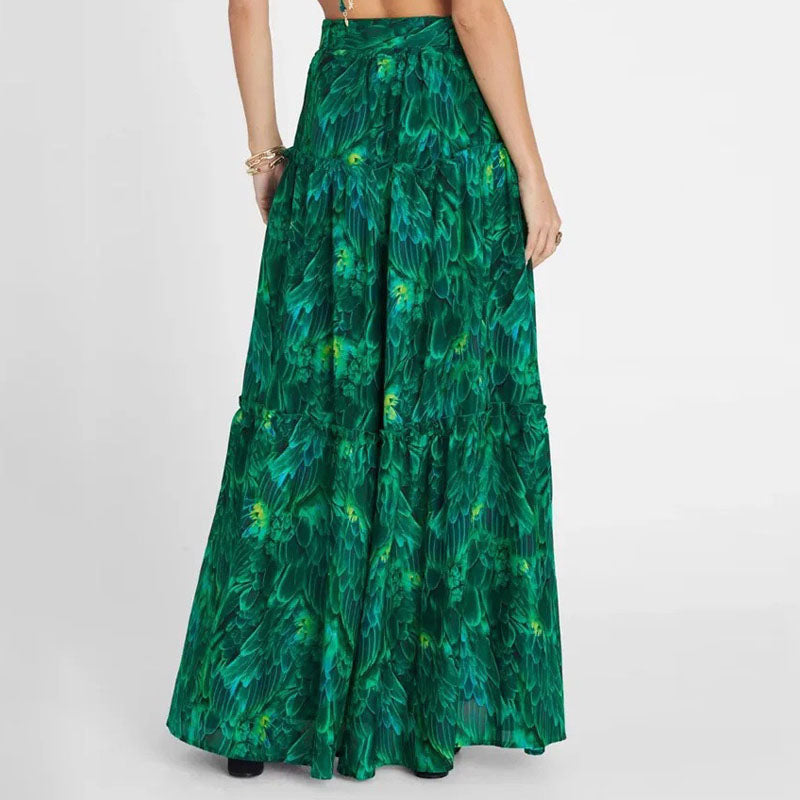 Plants Print Cut Out Belted Ruffle Hem Swimsuit