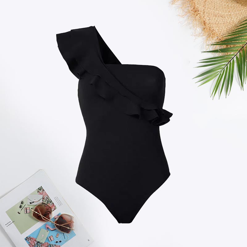 One Shoulder Ruffle Trim Cut Out Back Swimsuit