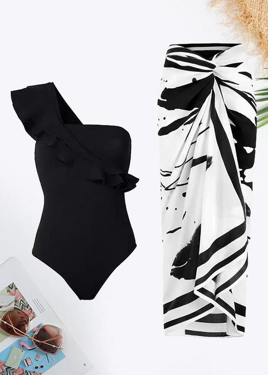 One Shoulder Ruffle Trim Cut Out Back Swimsuit