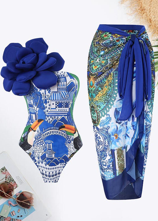 All Over Print Flower Decoration Tie Front Swimsuit